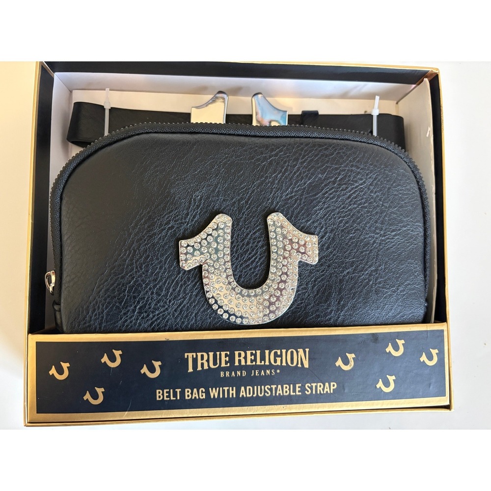 True‎ Religion Black Rhinestone Horseshoe Belt Bag Adjustable Strap S/M NWT